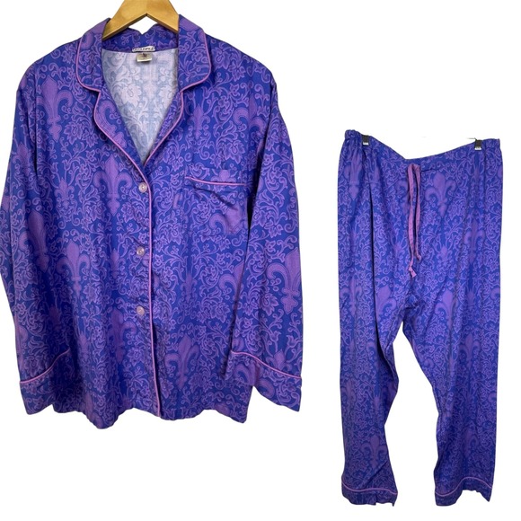 BedHead Pajama Set Lounge Women's XL Fleur de Lis Long Sleeve Button‎ Up